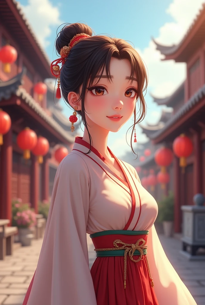( High resolution、 Super detailed)、masterpiece、Highest quality、High resolution、8k、Realistic skin texture、 Amazing clarity、Detailed Anime、15-year-old female、Beautiful Face、Beautiful Face、Pretty lips、Ample breasts、Balanced style、Hair styled in a bright-colored round bun、Smiling eyes、Hanfu、Walking、Buildings from the Tang Dynasty、Old city streets of China、Cowboy Shot、Detailed Animeアート、Detailed CG、