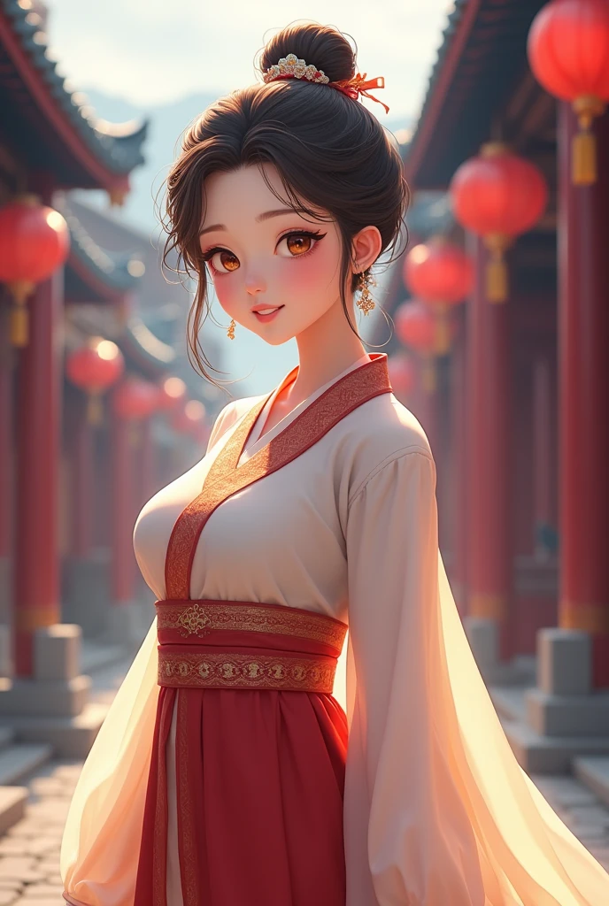 ( High resolution、 Super detailed)、masterpiece、Highest quality、High resolution、8k、Realistic skin texture、 Amazing clarity、Detailed Anime、15-year-old female、Beautiful Face、Beautiful Face、Pretty lips、Ample breasts、Balanced style、Hair styled in a bright-colored round bun、Smiling eyes、Hanfu、Walking、Buildings from the Tang Dynasty、Old city streets of China、Cowboy Shot、Detailed Animeアート、Detailed CG、