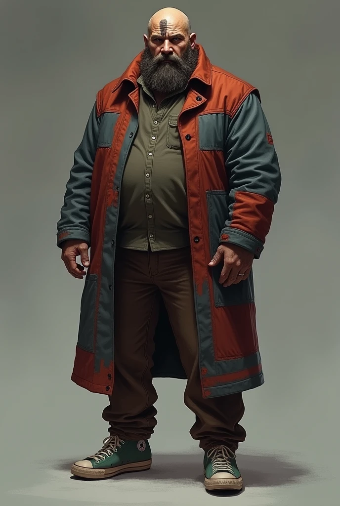A bald man with a scar on his head that goes from ear to ear, it's on the front part. He is bearded with thick eyebrows and a piercing gaze. His attire is an overcoat with red and light blue parts and he wears brown pants with ALL star sneakers.