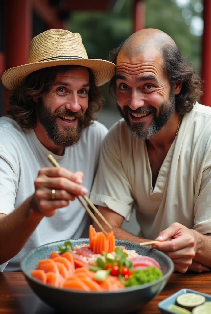 Buddha is taking a picture of Jesus Christ with a surprised expression while eating a sashimi bowl. The bowl consists of salmon, salmon roe, and tuna with small pieces of green onion sprinkled on top. They look smart and smart and have fun and laugh. Their faces convey deep wisdom and empathy, exuding warmth and understanding. They are wearing white T-shirts, jeans and straw hats. Jesus of Nazareth is depicted as a gentle, gentle man with shoulder-length hair. His wavy brown hair flows over his shoulders. The smile of the Japanese man next to her shows deep wisdom and empathy, and he is depicted as a kind-hearted Japanese man with a Buddha-like shaved head and a gentle, cheerful expression. they are shining. You can see a temple like Sensoji in the back. Photography, highly detailed, trending at the art station, sharp focus, studio shot, intricate details, Greg Rutkowski,