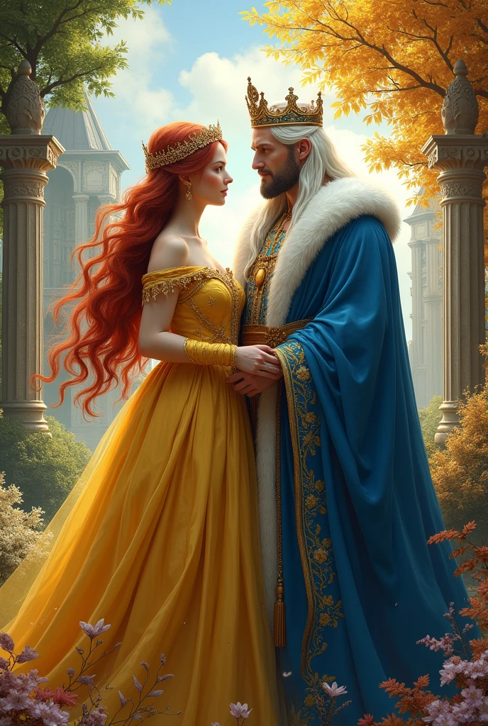 A couple. A queen with red hair wearing a yellow dress., and he is a king with white hair dressed in blue. Behind them are kingdoms and elements that represent the 4 seasons of the year.