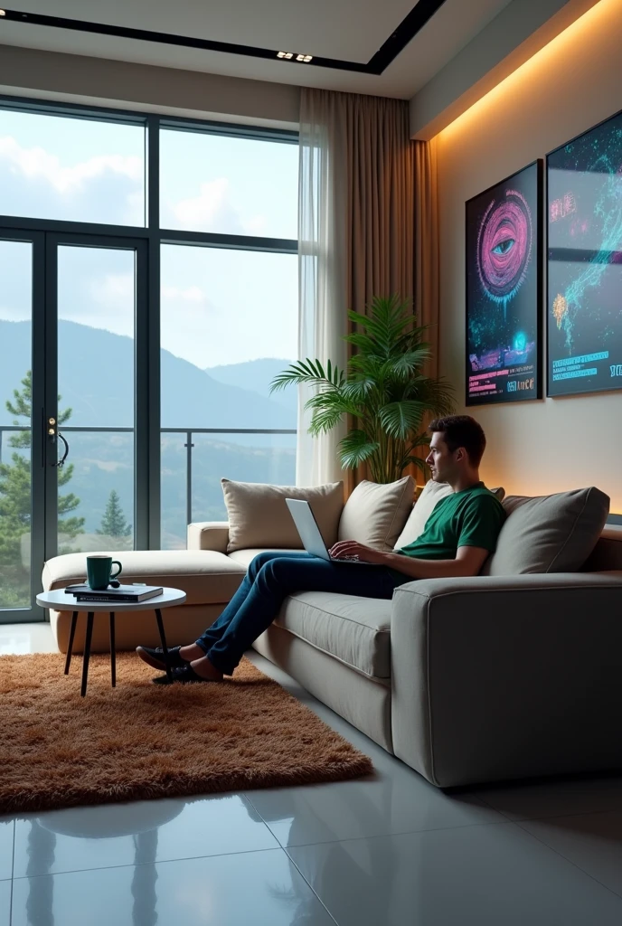 An image of a living room with panoramic view, two sofas, a brown rug and white floor, grey walls and game posters, with a young man in a green v-neck shirt lying on the couch with a laptop, pixel art photo