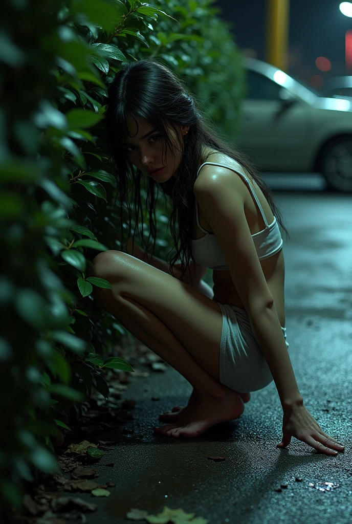 (A drunk teen girl) (peeing & pooping, urgently) Hiding behind bushe beside a parking lot )(Realistic) (peeing and pooping in a corner) (she pulls down underwear and pants to the floor) (squatting down) (pee stains) ( pee dripping)