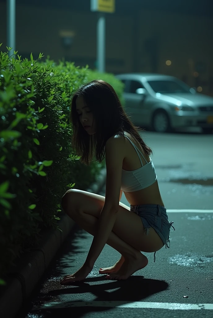 (A drunk teen girl) (peeing & pooping, urgently) Hiding behind bushe beside a parking lot )(Realistic) (peeing and pooping in a corner) (she pulls down underwear and pants to the floor) (squatting down) (pee stains) ( pee dripping)