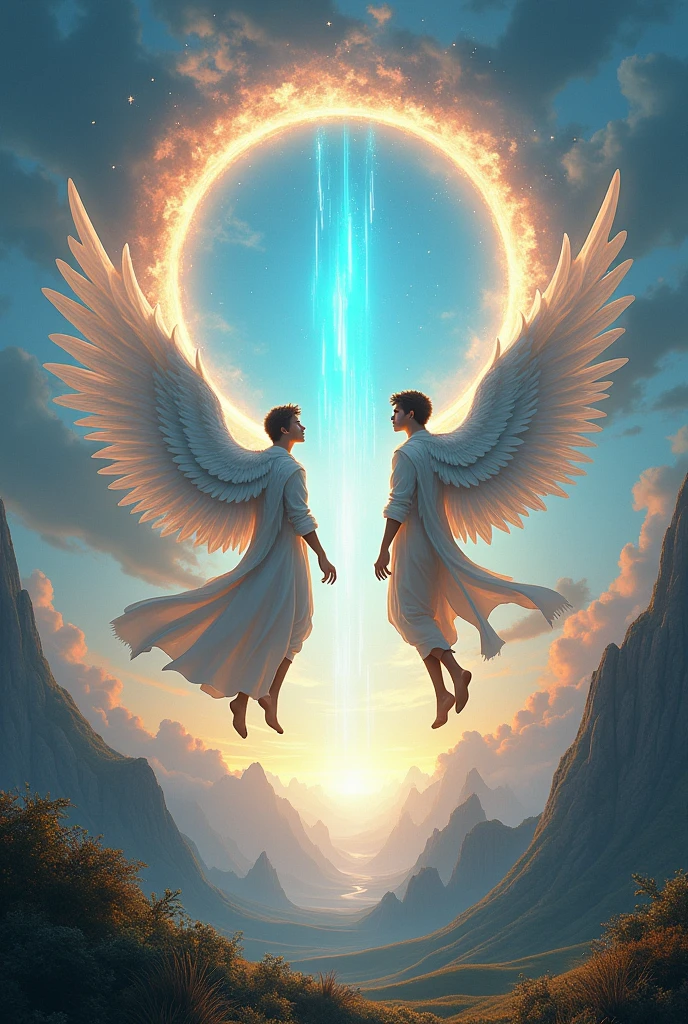 I want a landscape with two children, but they are both men flying with wings and entering a portal