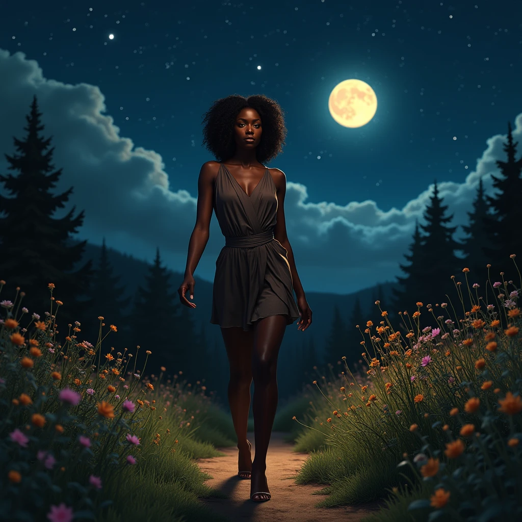 masterpiece, Best Quality, ((Salar)), 4k,8k,style,masterpiece, create a black woman, at evening long charge, ((ultra detailed)), outdoor, evening, nature, (stars, full moon), darkness, contrast, clear sky, (style, (film grain: 1.3), (warm tone, warm tone): 1.2), cinematic light, side lighting, ultra high resolution, (best shadow), raw, walk, towards,