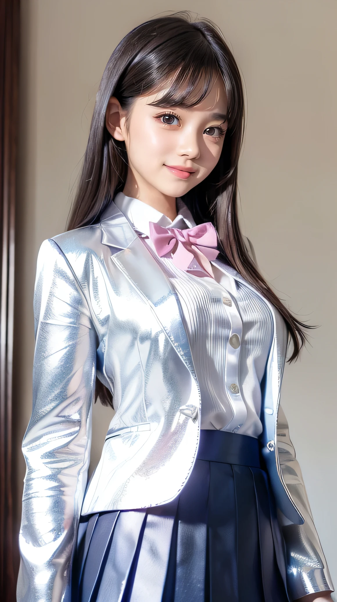 (Very beautiful  cute girl), (very  cute face:1.2),, (sparking crystal clear attractive large eyes), Beautiful eyes, Detailed double eyelids, (smiling), (realistic photograph:1.2), long straight hair,white blouse,
(Super Shiny metallic dark blue blazer and pleated skirt :1.2),school uniform,
(super reflective surface uniform:1),pink ribbon bow tie