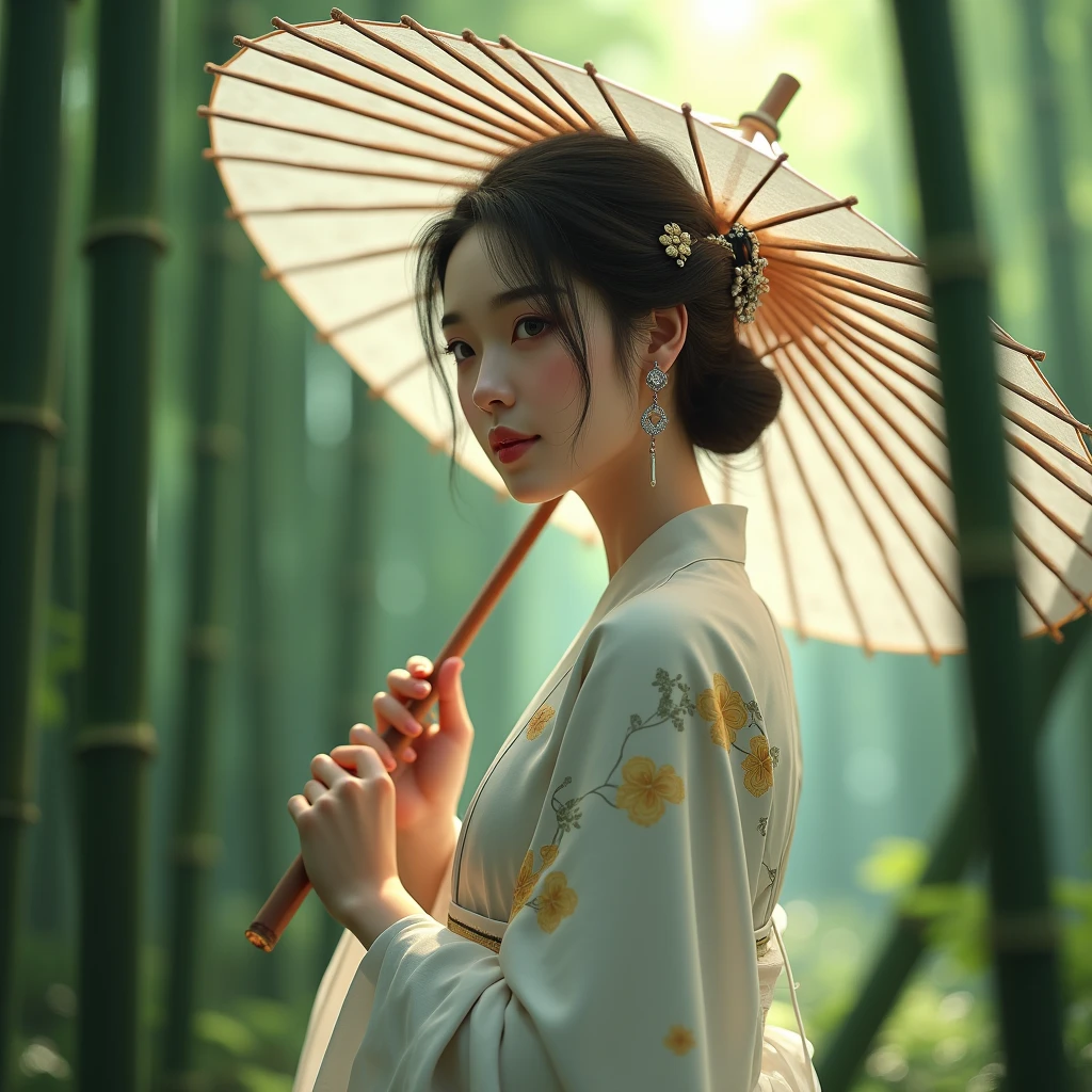masterpiece, Extremely detailed CG unity 8k wallpaper, 1 girl, beautiful, realist, blur, blurred background, blurred foreground, bamboo forest, depth of field, earrings, jewelry, nose, realist, Alone, Hanfu, holding was a paper umbrella, rain