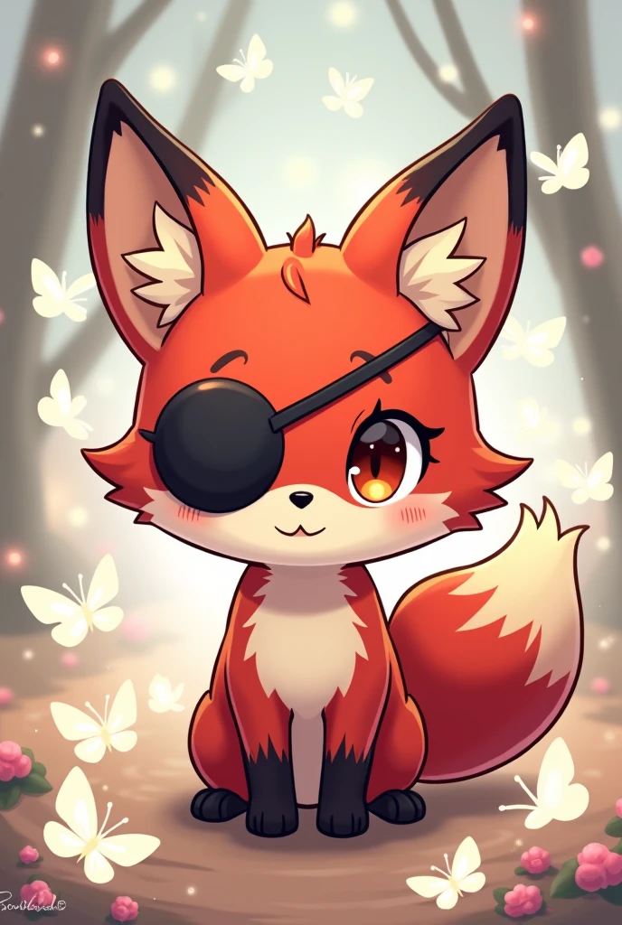 A chibi anime cartoon drawing of a dark red fox wearing a black eye patch over its left eye, surrounded by translucent white butterflies