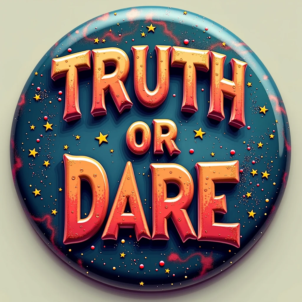 A long button with the inscription "TRUTH or DARE", designed to be as appealing, extraterrestrial and colorful as possible.