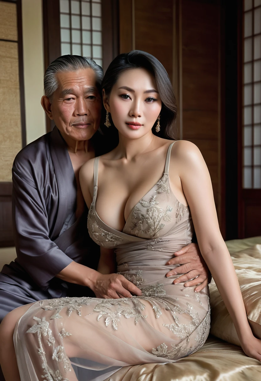A full body, dynamic view, photorealistic image of an Old Javanese man feeling an intense sexual desire with an exquisitely beautiful japanese milf, elegant looks with a gorgeous face, with thick body, collarbone, huge saggy breasts, wide hips, wearing a thin sheer dress with high slit, sitting on his lap, highly detailed features, n a bedroom setting, intimate atmosphere, highres