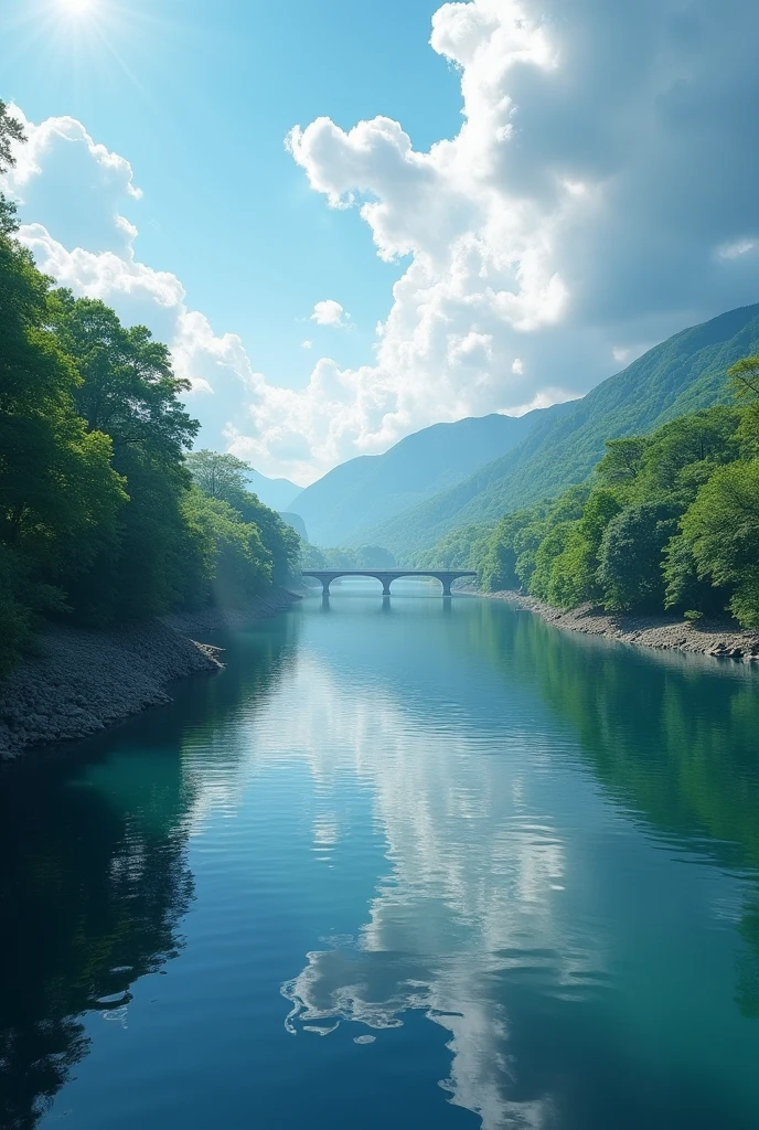 (masterpiece:1.2,best quality,Ultra-high resolution,Very detailed,Practical,RAW photos:1.2,Carefully crafted photos),8K,wallpaper,(Ray Tracing),Japan,(Majestic river,Beautiful water surface,Diffuse reflection of light),A photo showing the movement of clouds and water,