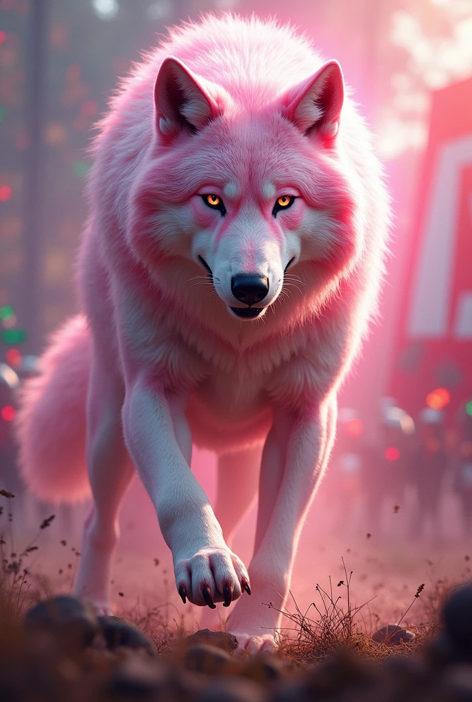 (photorealism:1.2), pink and white wolf ,beautiful, heineken team, fighting