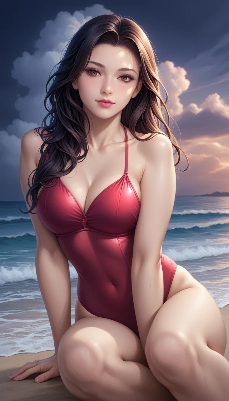 score_9, score_8_superior, score_7_superior, High-resolution CG illustration,A masterpiece in 32K resolution,Highest quality,it is really amazing,Very detailed,Ultra-high resolution,Ultra-realistic,Realistic,Increased depth of field,Cinematic lighting,
Sexy mature Japan woman,
Straight long hair with black hair,Ultra-detailed and beautiful face,Calm and gentle look,Beautiful brown eyes,Translucent white skin,Realistic skin texture,Great proportions,
Elegant red swimsuit,
Simple design,Chic color scheme based on red,Detailed fabric texture,
(Dark overcast sky on a dull night:1.1),(Dark clouds filling the sky:1.1),Thundercloud,Coastline at night,Stormy seas,delay々A desolate sandy beach that continues,
sitting on the beach,High angle,