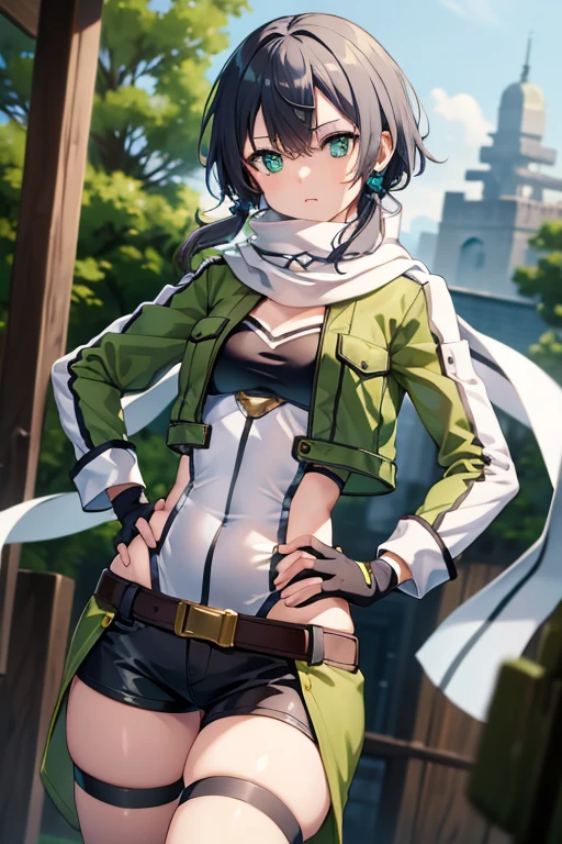(masterpiece), Highest quality, Expressive eyes, Perfect Face, High resolution, Chinon 1, scarf, Fingerless gloves, Long sleeve, Short shorts, hair ornaments, Hair Clip, Green knee socks, Green jacket, Thigh straps, Hands on hips, Field, Ruins Background, Are standing, Cowboy Shot, Looking at the audience