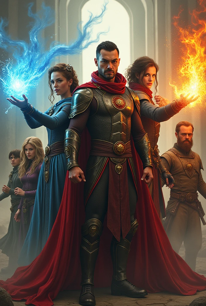Make a group of men and women with powers, and medieval-style superhero clothes, a woman who controls water, a man of fire, a man who controls dark energy, antimatter, two green-haired twins with green eyes who control animals 