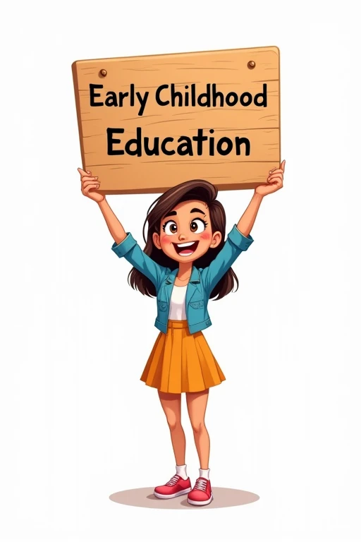 Cartoon of a well-dressed but fashionable teacher, high, young woman holding a wooden sign above her head
and looking directly at it with an animated expression. The sign says "Early hood Education" and the background is white. 