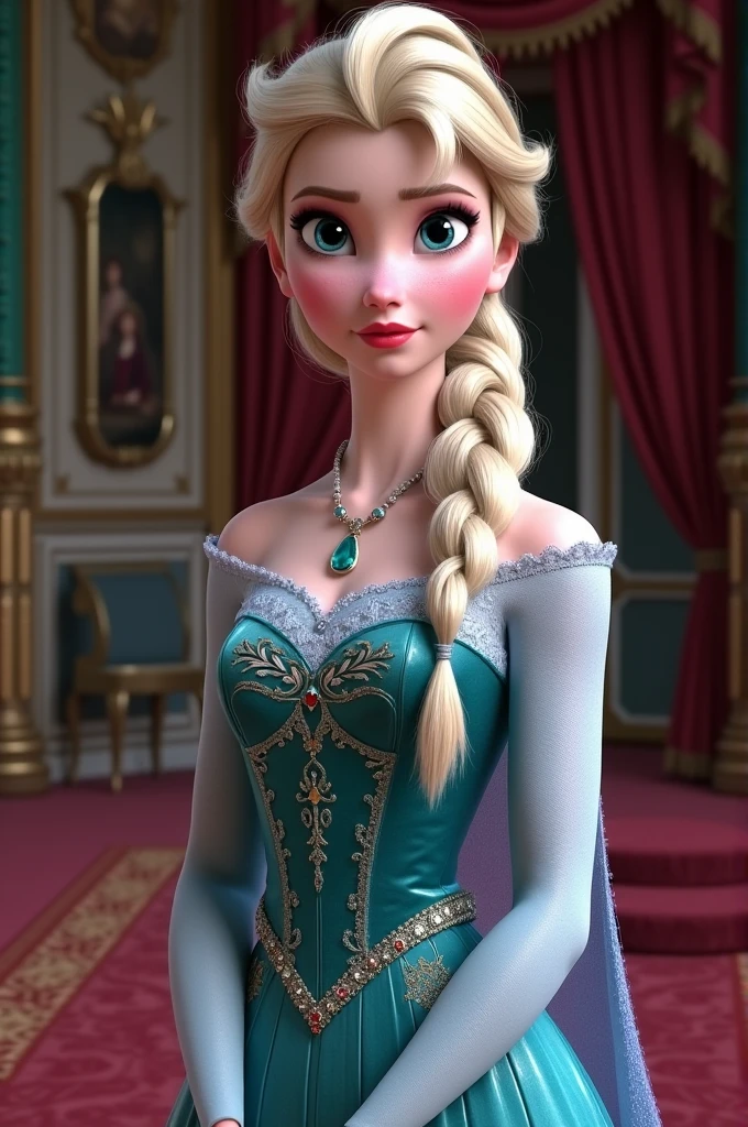 A realistic Frozen character Elsa, wearing traditional Norwegian royal attire from the year 1846