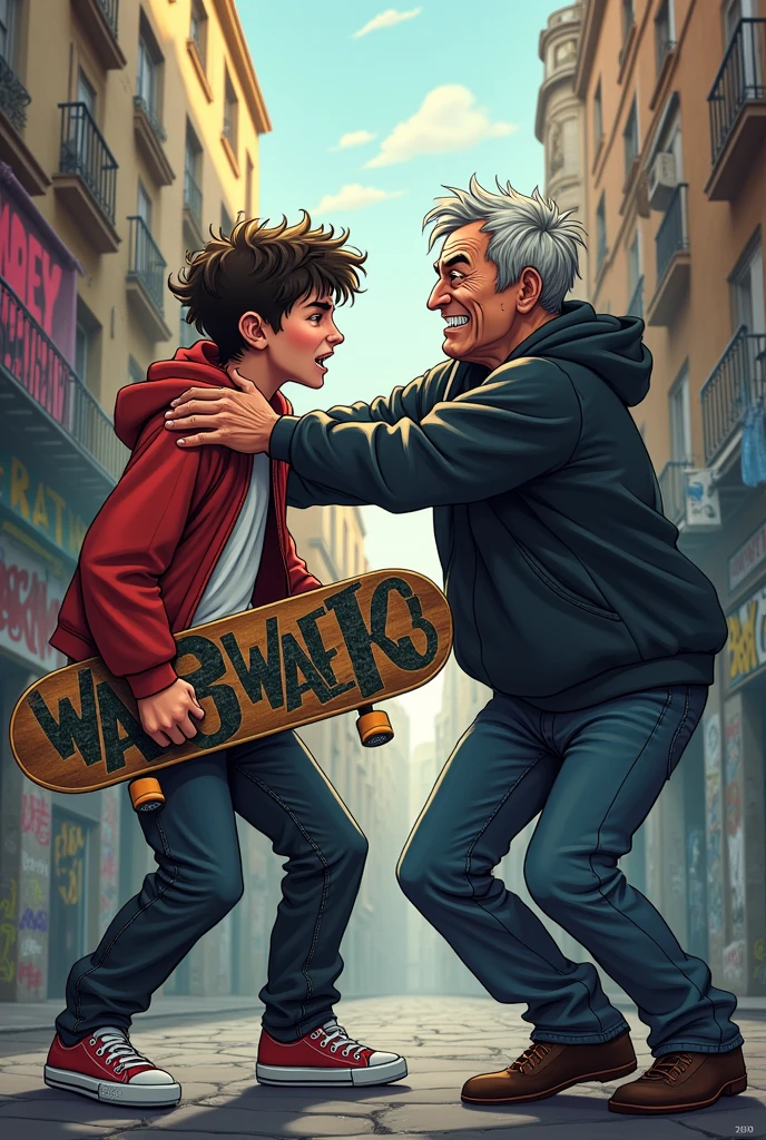 in the form of a logo brand I want an image  , with a young skateboarder being held by the shirt by a slightly older hater in an aggressive way ,and the young skateboarder with a scared look on his face and holding the skateboard in his hand  , A street full of graffiti and tags 