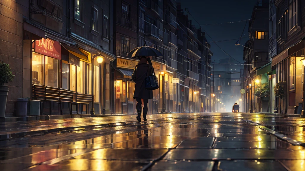 A lofi scene of a person walking down an empty city street at night. The street is lit by vintage street lamps, reflecting on the wet pavement. The buildings are old and charming, with small warm lights shining in some of the windows. The atmosphere is peaceful, with a light mist in the air and a feeling of solitude and tranquility
