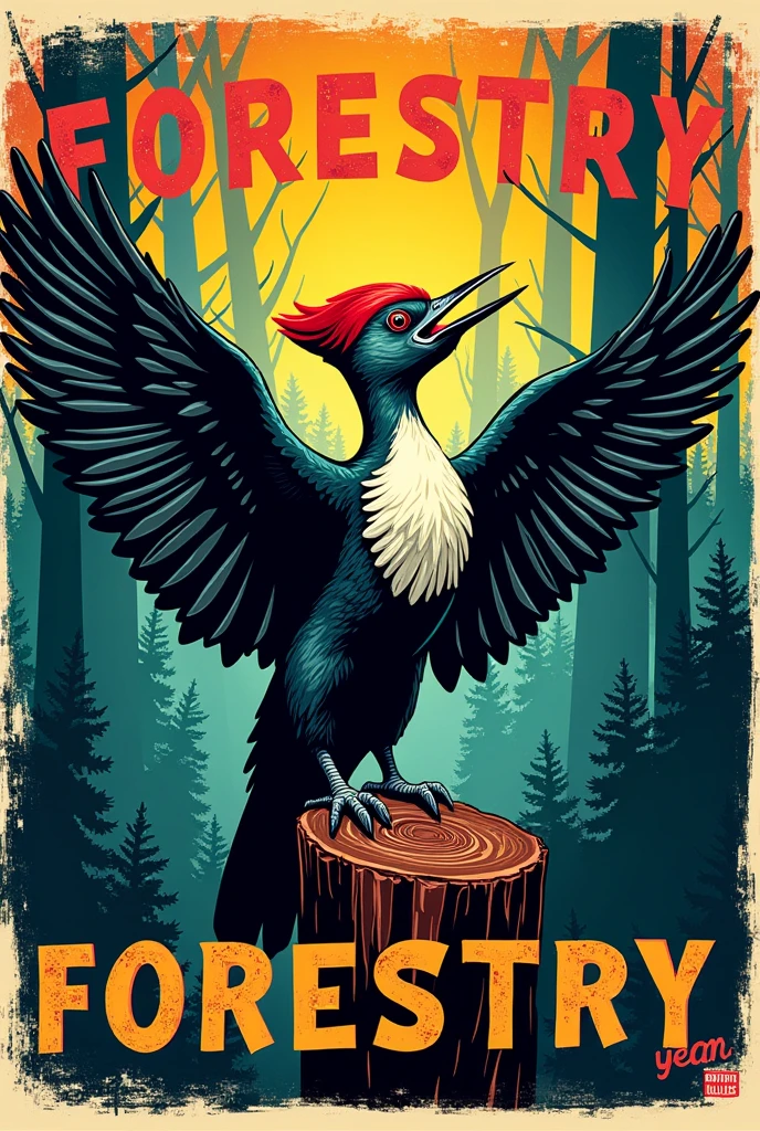 A pop art illustration of a woodpecker, perched on a tree stump with its wings spread, with an aggressive visual, to be used as a stamp for a university vest of a forestry athletics. Put trees in the background and make an illustration in darker tones. The illustration must contain the writing "Forestry" above the woodpecker, and the writing "10 years of History" below the woodpecker