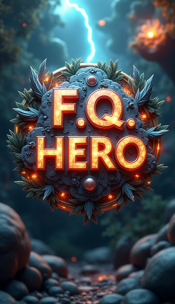 There is a title word "F.Q Hero" written in the center of the logo, ((classical, green, wild, rustic, forest, jungle, plants, fire, thunder, blast, fantasy, strong, realistic, 8k ultra HD, technology, nano tech, silver, white, crystal clear, 3D, mythology, Sci-Fi, cool, Storm, Winter, rainy,)) title word "F.Q Hero". 3D poster.