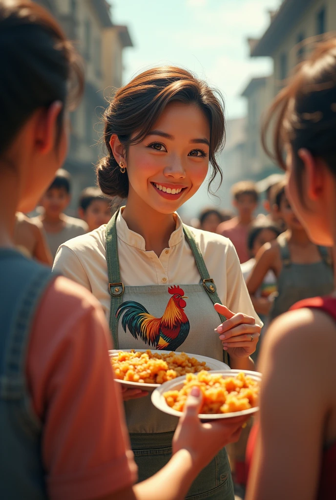 The middle-aged female chef with a kind face wear rooster shirt, distribute charity meals to the poor people