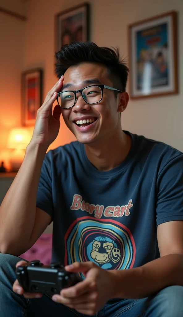 photorealistic, best quality, masterpiece, extremely detailed, (side view), extremely handsome, slightly chubby, 30 year old borneo man, no facial hair, glasses, wearing 8bit graphic tshirt, happy shocked expression, holds a video game console controller in right hand, left hand slaps his forehead, sitting on couch, in fun bedroom, movie posters on the wall, extremely romantic atmosphere, perfect face, perfect fingers, perfect hands, perfection