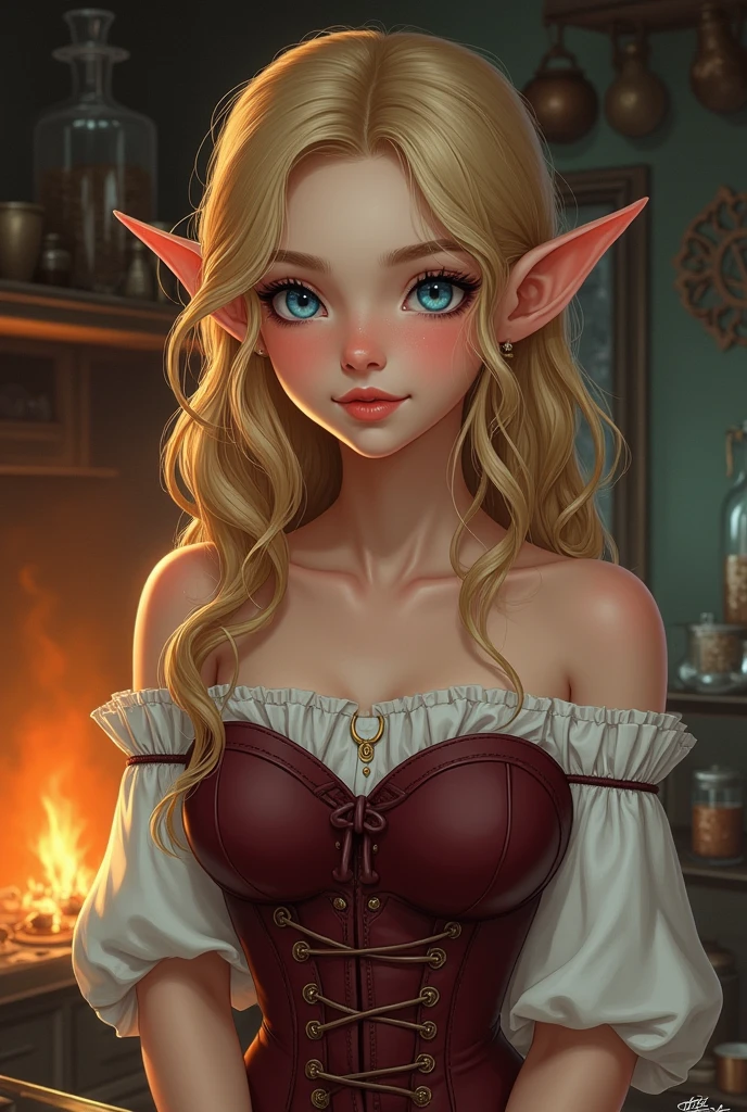 ((Best Quality)), ((masterpiece)), (detailed), 1 elf girl, ((big bust)), elf young woman, beautiful, wavy blonde hair The shape of the face is oval, with delicate and proportionate features. The eyes are a deep blue, bright and expressive, and slightly tilted upwards at the ends. The eyes are medium sized, highlighting on the face. The eyebrows are a darker shade than the hair., black. The eyebrows are arched and well defined. The nose is straight and elegant., with a small curve at the tip. The nose is of medium size. The lips are plump and soft.. The lips have a natural pink tone. The mouth is small and slightly curved in a soft smile.. There is no beard or facial hair. The skin is pale and smooth, with a healthy appearance. Skin tones of the face, There is a slight blush on the cheeks. There are no moles, freckles or scars on the skin. She's dressed in hunting clothes, made of leather, her shoes are made of leather. Gothic Leather Corset-Vest, wine color. Her white shirt has no straps, her shoulders are bare. It's inside the kitchen., She is making magic potions., In the background, you can see the fire..