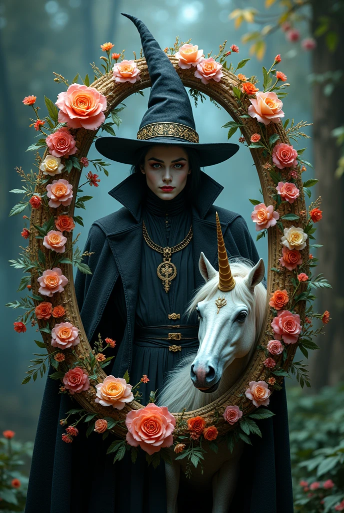 Create a sinister-looking magician in the style of witchcraft, next to him is the letter "O" adorned with fascinating and enchanting flowers with a very eye-catching Harry Potter wizard theme and its very elaborate style next to it is a unicorn of peculiar appearance ,Intimidating but at the same time fascinating, the background is a fantastic place. The text is perfectly visible "OMEY" In the image. art style , finished luxury premiere , 8 k plus , Reality Max. all very well detailed