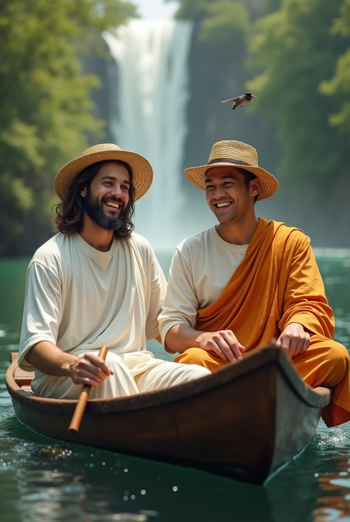 Jesus Christ and Buddha enjoying a trip down the river in a canoe. They look smart and smart and have fun and laugh. Their faces convey deep wisdom and empathy, exuding warmth and understanding. They are wearing white T-shirts, jeans and straw hats. Jesus of Nazareth is depicted as a gentle, gentle man with shoulder-length hair. His wavy brown hair flows over his shoulders. The smile of the Japanese man next to her shows deep wisdom and empathy, and he is depicted as a kind-hearted Japanese man with a Buddha-like shaved head and a gentle, cheerful expression. they are shining. You can see a waterfall in the back. forest. A small bird is flying. Photography, highly detailed, trending at the art station, sharp focus, studio shot, intricate details, Greg Rutkowski,