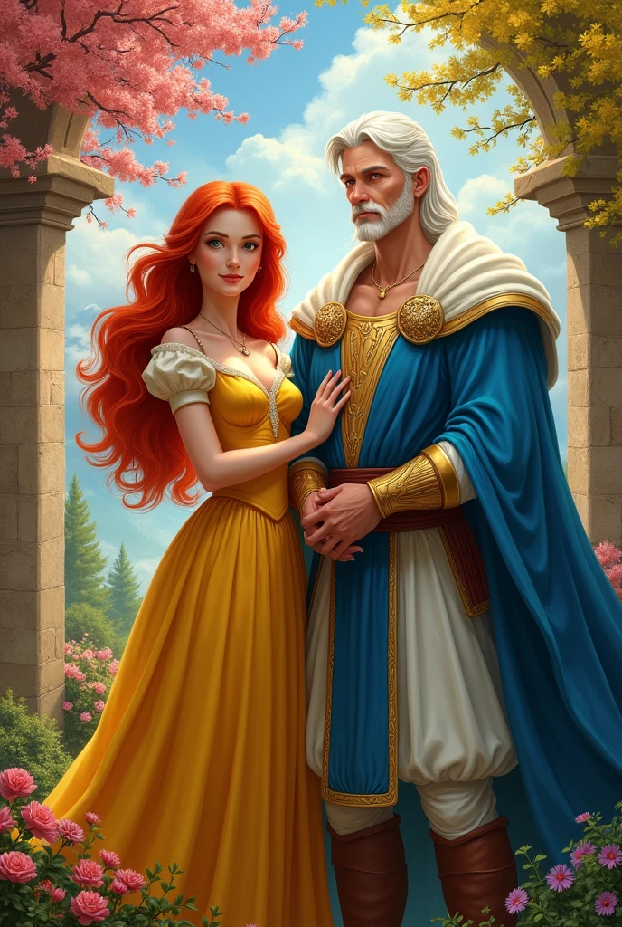 A couple. A queen with red hair wearing a yellow dress., and he is a king with white hair dressed in blue. The couple are young, 22 years old. Behind them are kingdoms and elements that represent the 4 seasons of the year..