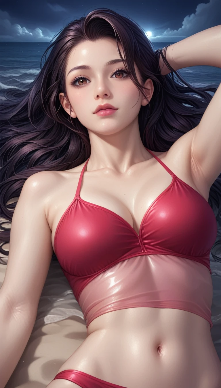 score_9, score_8_superior, score_7_superior, High-resolution CG illustration,A masterpiece in 32K resolution,Highest quality,it is really amazing,Very detailed,Ultra-high resolution,Ultra-realistic,Realistic,Increased depth of field,Cinematic lighting,
Sexy mature Japan woman,
Straight long hair with black hair,Ultra-detailed and beautiful face,Calm and gentle look,Beautiful brown eyes,Translucent white skin,Realistic skin texture,Great proportions,
Elegant red swimsuit,
Simple design,Chic color scheme based on red,Detailed fabric texture,
(Dark overcast sky on a dull night:1.1),(Dark clouds filling the sky:1.1),Thundercloud,Coastline at night,Stormy seas,delay々A desolate sandy beach that continues,
Lying on the sandy beach,High angle,