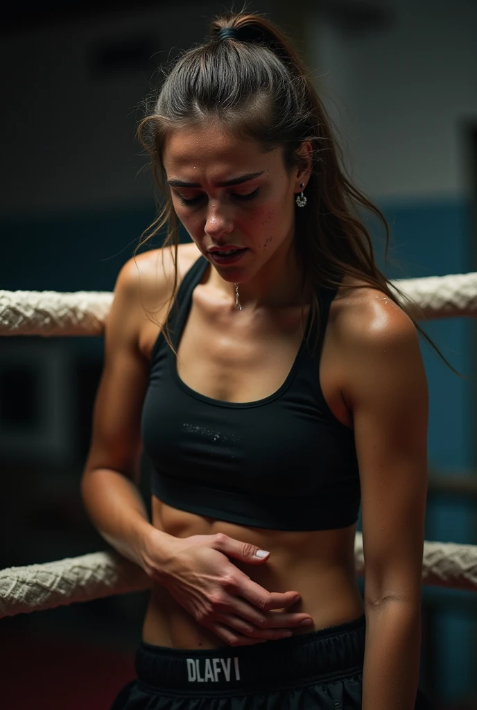 a very athletic pretty brunette woman boxer knee in the ring. She's tired and hurt after losing the fight. Lot of sweat on her body. She's breathing hard and a little water drop from her mouth. One of her hand is one her belly, another is over her head, holding the ring's string. She's wearing a black top. 