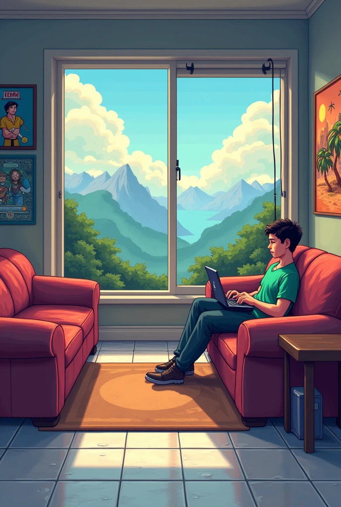 An 8-bit video game style image of a room with a panoramic view, featuring two sofas, a brown rug, and white flooring., grey walls and game posters, with a young man in a green v-neck shirt lying on the couch with a laptop