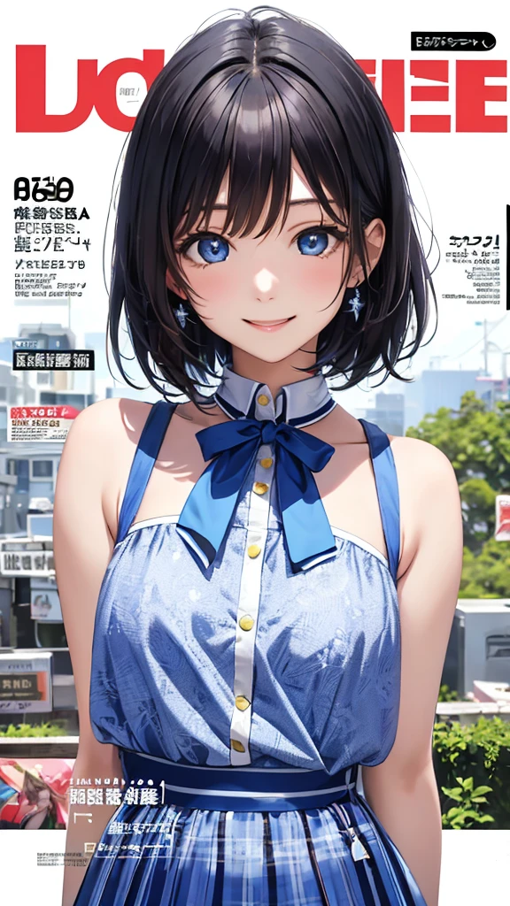 Ultramarine short bob high school girl,Blue eyes,In a dress,Highest quality,Outdoor, Magazine Cover,Idol Magazines,Magazine Title「Lumina mania」,Pause,smile,Bust Shot
