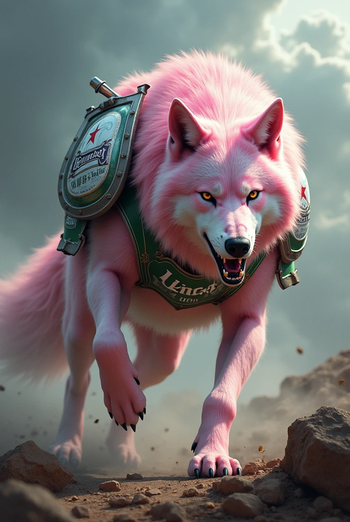 (photorealism:1.2), pink and white wolf ,beautiful, Heineken armor, fighting