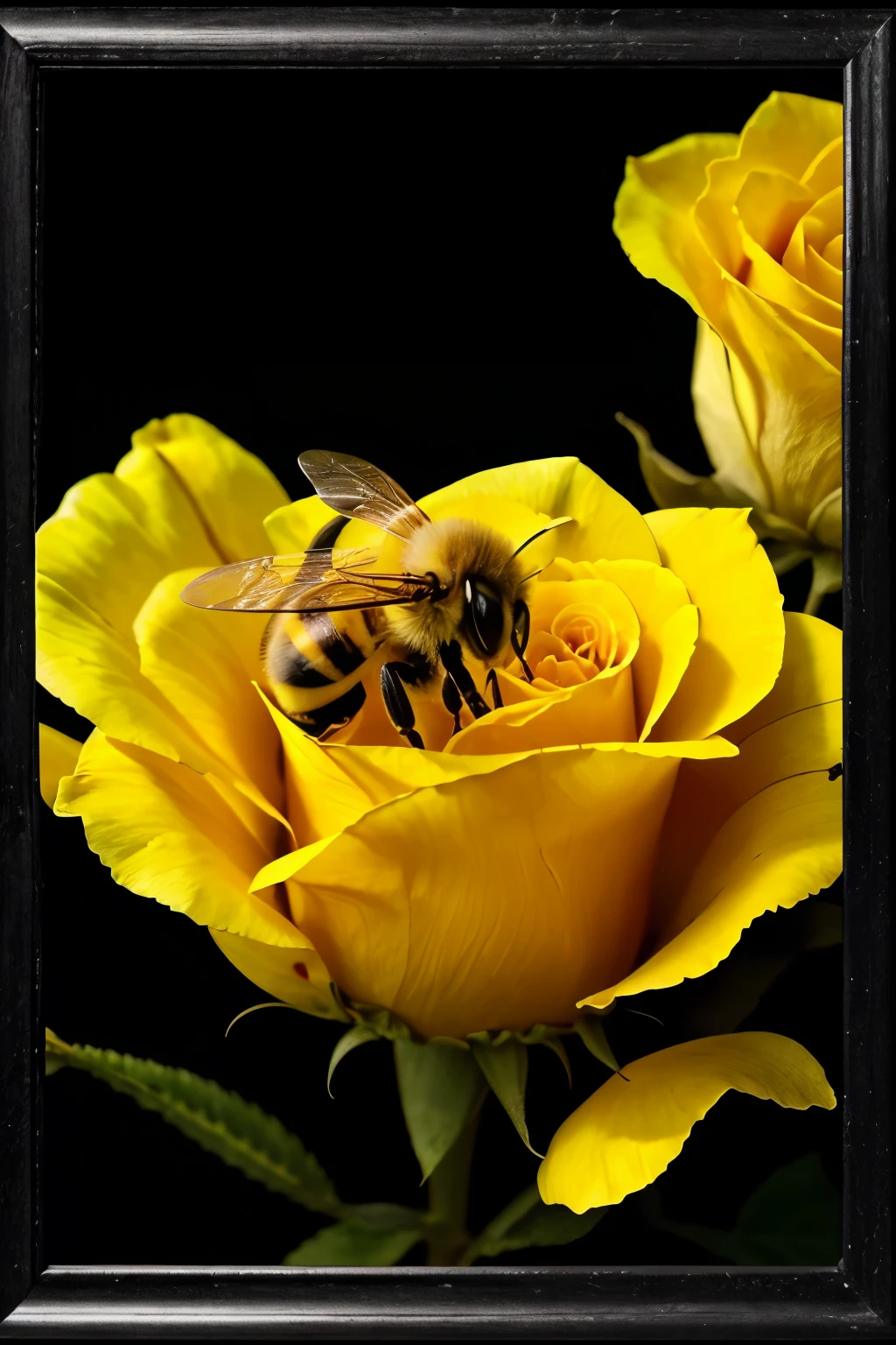 **Stylized, monochrome digital image depicting a European honeybee on a rose. The image is predominantly in yellow tones on a black background. The beautiful honeybee and the rose's stamens and pistil are only just noticeable, creating a sense of mystery. The overall composition focuses on the contrast between the bright yellow elements and the dark background**