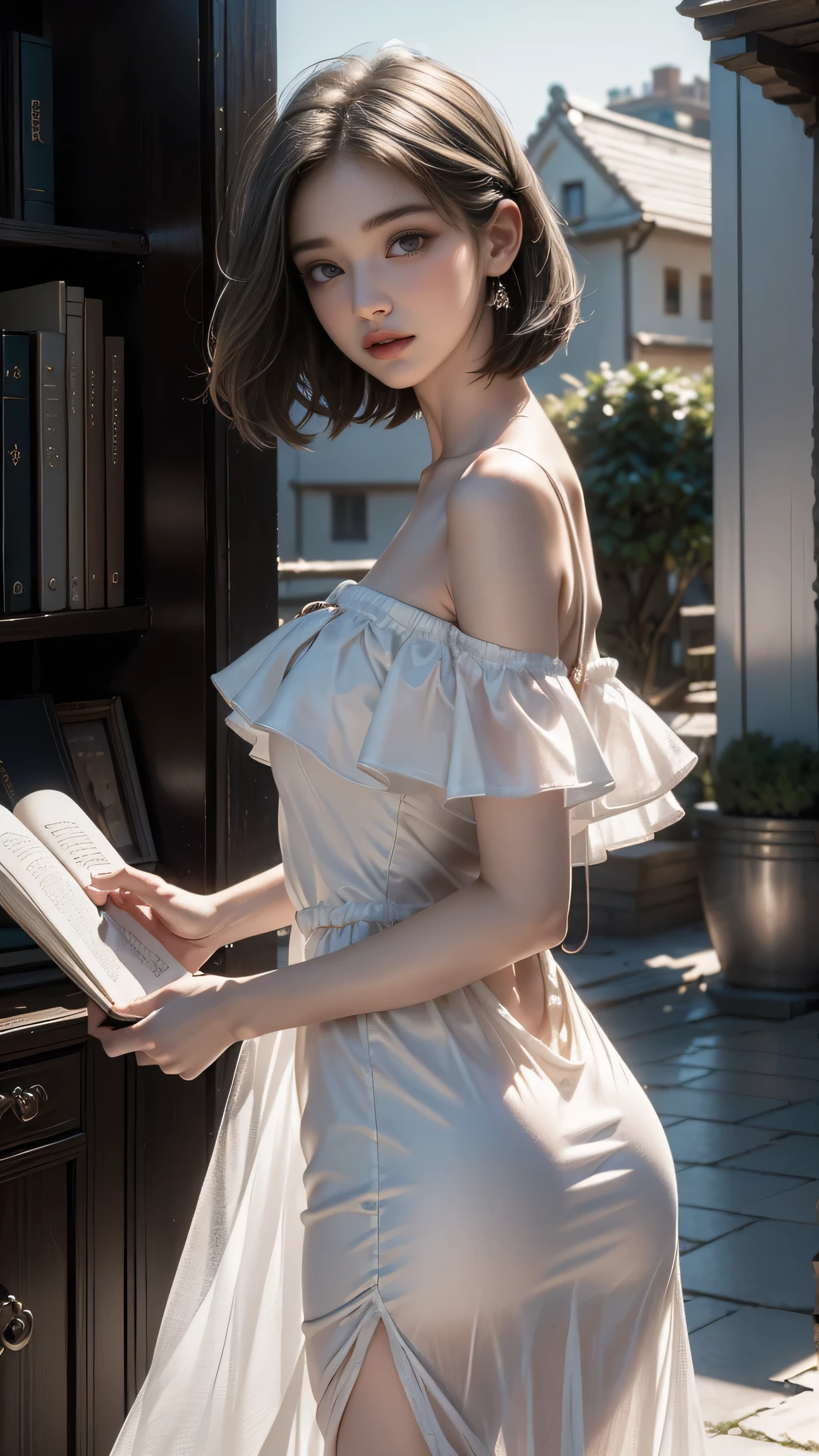 ((Woman Standing On Balcony Of Old Castle))Heterochromia of the iris,Silver-haired,High resolution free,(Sheer off-the-shoulder pure white dress)、(Wind blows my skirt)((Girl Standing in Front of Library Bookshelves))、(Back view)、(Looking back)、Highest quality works,Actual work,Ultra Premium Graphics,8K HD CG Works,High Quality Graphics,High-definition CG works,10x pixels,Extremely fine detail:1.1,Advanced Technical Details:1.1 Photorealistic,Natural light:1.5、((Golden White Short Hair))、(Bob Hair)、Thin eyebrows、High nose、Nice red lips、Rose Cheeks、Face with Subtle Makeup、Cute Face、Perfectly balanced face、()、Bright Toned Foundation Enhances Skin Transparency。、、(Off-the-shoulder snow-white dress)). 40k、photograph、Tabletop、Highest quality、Rain Background、((1 Beautiful Eyes、bright hair、White skin、 Mr.々Pose。((Medium chest、:1.1))、Highest quality、Tabletop、Ultra-high resolution、(Real:1.4)、RAWphotograph、(Perfect Figure)、(slim:1.3)、Slim abdomen、Perfect slim figure、Dynamic Pose、one person、Cold light 12000K、Very detailed face and skin texture、Fine particles、Realistic eyes、Beautiful Fine particles、(Real skin)、Charm、Ultra-high resolution、surreal、Very detailed、