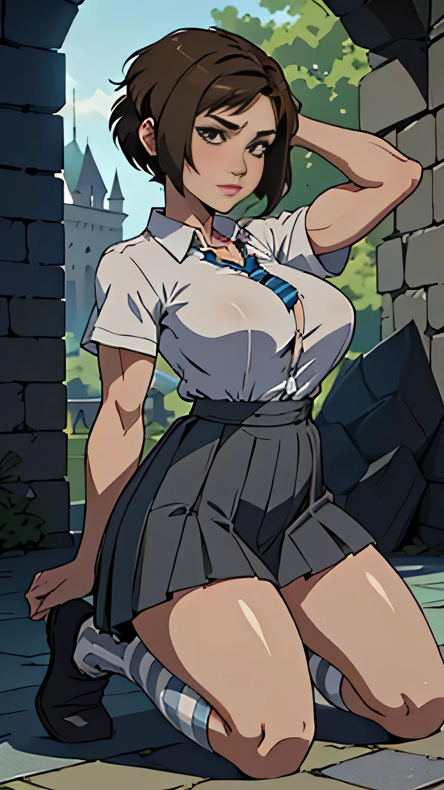 photo of mlp Meowko, RAW, beautiful woman, ((portrait)), ((detailed face:1.2)), ((anime face, anime facial feature, clear skin, glossy anime lips, clear skin), (short lesbian haircut, brunette: 1.55), (perfect proportioned body, Strong, muscular, narrow waist, narrow hips, skinny, massive breasts), (she is wearing a Hogwarts witch robe, short sleeve White button down shirt, Gray pleated skirt, knee-high gray socks, striped Blue and silver tie), (kneeling on a stone platform, splits kneeling, hands behind head), huge castle in the background, Stone brick walls, magic, (realistic photo, best quality, detailed), (8k wallpaper), (bright cinematic lighting, lens flares, beautiful light, (noon:1.3)) (sharp focus, intricate)