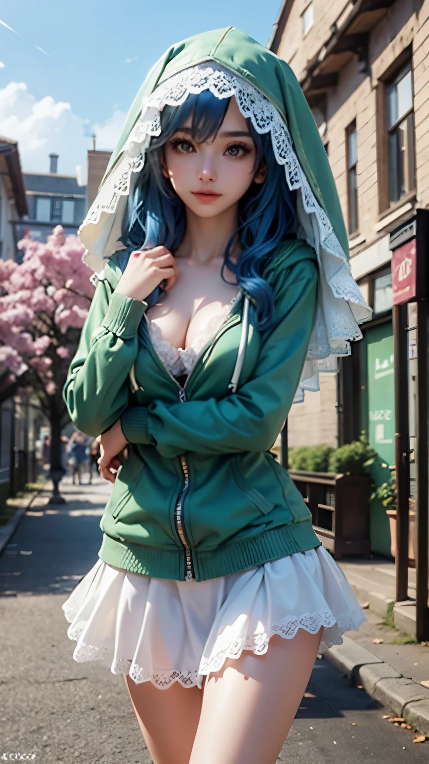 Landscape of an woman, Landscape of a very beautiful woman, (((cowboy shot))), ((Exposed Eyes))!!, photography with Fujifilm XT3, depth of field, film grain, (High Brightness), (High contrast) (((female focus)))!!, exposed eyes, Yoshino Himekawa/(Date A Live/), anime style,  (walk around the village), cherry blossom, There are birds in the sky, There are butterflies, The sky is blue, river bank, mountain at the background, looks at the camera with Beautiful blue pupil's eyes, (Beautiful blue pupil's eyes like sapphire :1.40)!!, (((homochromatic eyes)))!!!, Stars in her fixed eyes, Ultra detailed eyes, seductive smile, beautiful smile, gorgeous smile, (Blush)!! Perfect nose, Cute little nose, Earrings, beatiful face, Face Clean, Skin, hyper realistic, Incredibly detailed face, hyper detailed face, A face with a lot of detail, Perfect eye shadow, wink, Hyper-Detailed Eyes, Hyper-detailing of eyebrows, Hyper-detailed eyelashes, Blue hair between eyes, Blue hair bangs, (ultra shine Blue hair)!!, (smooth straight hair)!!,((dynamic composition)), (((wear green hoodie)))!!!, ((Wear green hoodie veil over the head))!!, detailed realistic clothes, neck garter, plump breasts, (Breasts covered with white lace)!!, ultra seductive temptation, charming pose, open skirt, slim legs, petticoat, fishnet legs, stockigs, smooth thighs cleavage, garter thighs, leather shoe, erotic, Best Quality, Masterpiece, Ultra-detailed, Beautiful, hight resolution, Original, CG 8K, perfect photo, dramatic  lighting, (Realistic) Realistic, Full HD, Best Quality, Best Quality, Beautiful lighting, (8k wallpaper of extremely detailed CG unit), High Details, sharp-focus, The art of dramatic and photorealistic painting, (walk around the village), cherry blossom, There are birds in the sky, There are butterflies, The sky is blue, river bank, mountain at the background, dynamic composition
