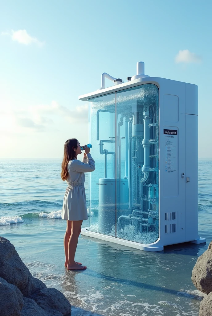 Show a machine desilation that is place in sea, water machine desilation that shows how water filtration work for some reason, it is going to be a drinkable water from sea water that is more safer and show one person drinking it freshly but she's standing patalikod here's a key features and be more accurate
Pre-Filtration: Sediment and carbon filters.
2. RO Membrane: Central component.
3. High-Pressure Pump: For pressurizing water.
4. Post-Filtration: Final purification filters.
5. Storage Tank: Holds purified water.
6. Brine Outlet: Disposes of waste brine.
7. Control System: For monitoring and management.
8. Energy Recovery (for large units): Recovers energy from brine.
9. Optional Features: UV sterilization and mineralization.