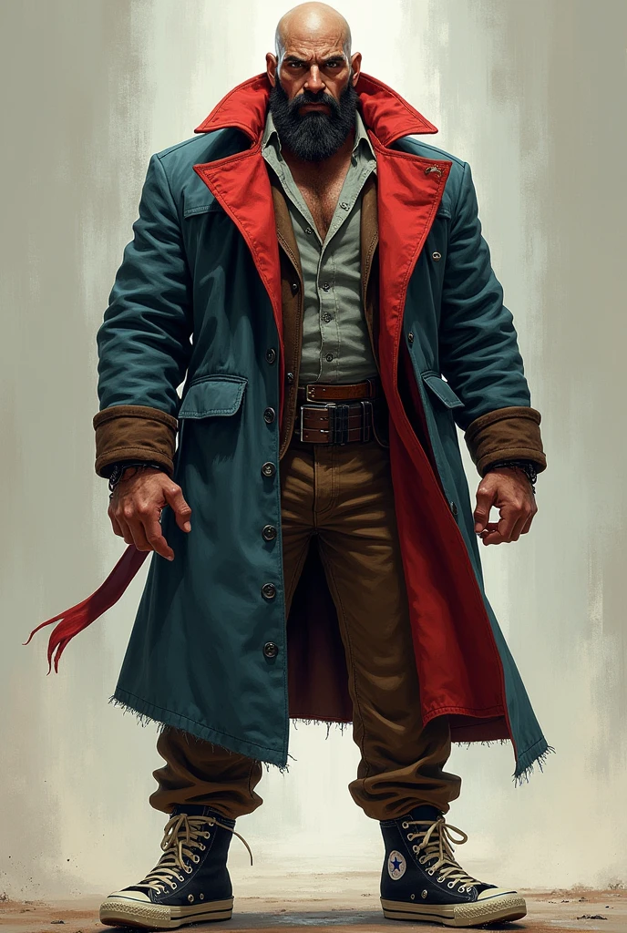 A bald man with a scar on his head that goes from ear to ear, it sits at the front. He is bearded with an athletic build, has thick eyebrows and a piercing gaze. His attire is an overcoat with red and light blue parts, and he wears brown pants with ALL star sneakers.