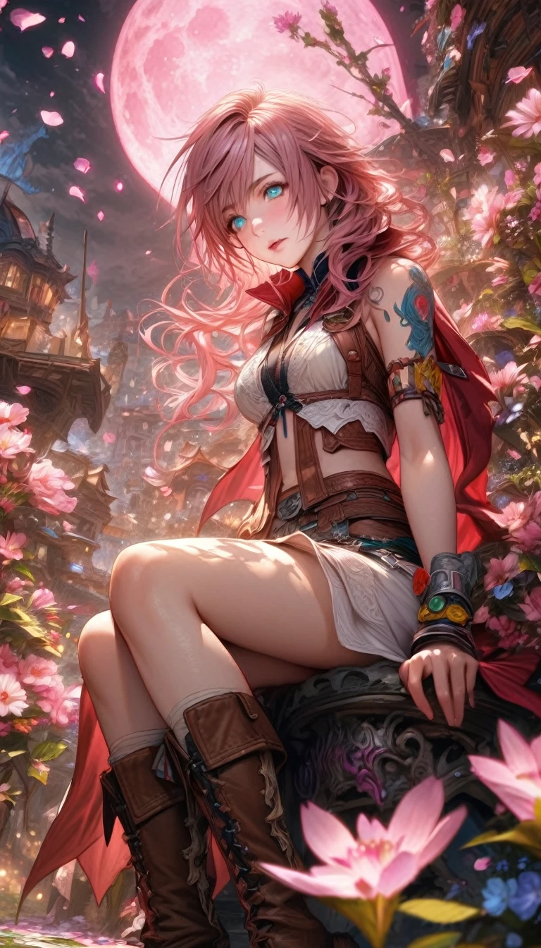 Ultra detailed, highres, absurdres, HDR, master piece, Claire Farron, wavy pink short hair, expressive pale aqua eyes, white dress with brown patterns, brown skirt, red cape, brown boots, Lightning Farron, Final Fantasy XIII, pink flowers, petals, fireflies, pink moon, woman sitting, solo, extremely beautiful, very detailed face and eyes, best quality, fantasy, magical, realistic face,