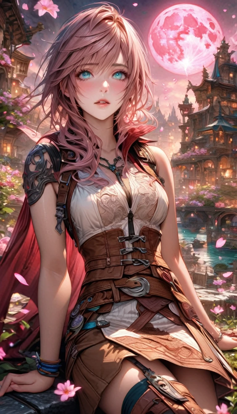 Ultra detailed, highres, absurdres, HDR, master piece, Claire Farron, wavy pink short hair, expressive pale aqua eyes, white dress with brown patterns, brown skirt, red cape, brown boots, Lightning Farron, Final Fantasy XIII, pink flowers, petals, fireflies, pink moon, woman sitting, solo, extremely beautiful, very detailed face and eyes, best quality, fantasy, magical, realistic face,