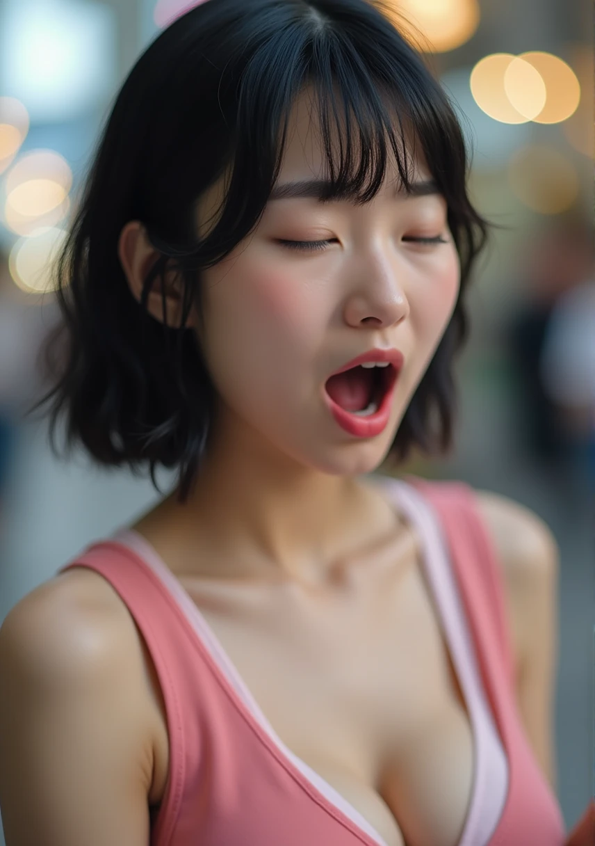 one girl,Close eyes):2.0, (Open mouth):1.5 Real numbers、8yk、Raw photo、(masuter piece)、(top-quality)、Hi-Res、（（Looking Up)）(girl with)、(realisitic、Photorealsitic1.5), Upper body、Ponytail,Sleeveless、skinny、14years、small tits、Eyes closed、Deep sadness、Sorrow、look up sky、Open mouth、screeming、Background blur