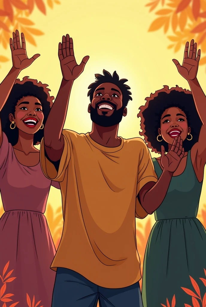 cartoons of three black people kneeling and raising their hands in praise with happy laughter