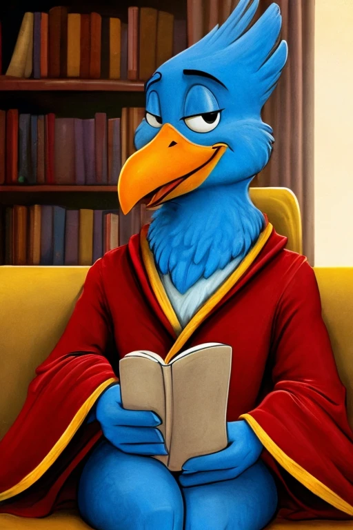 Anthropomorphic blue bird, large yellow and orange beak, wearing a red robe, Grinning, gazing at viewer, sitting on an antique sofa, reading a book, animation