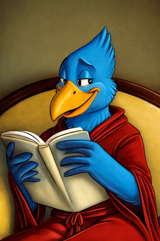 Anthropomorphic blue bird, large yellow and orange beak, wearing a red robe, Grinning, gazing at viewer, sitting on an antique sofa, reading a book, animation