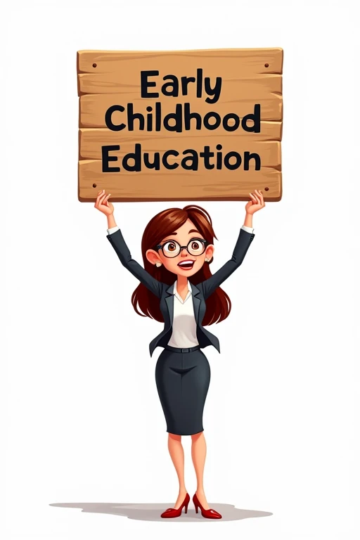 Cartoon of a well-dressed but fashionable teacher, high, young woman holding a wooden sign above her head
and looking directly at it with an animated expression. The sign says "Early Childhood Education" and the background is white.